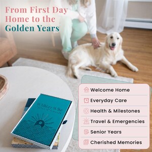 K&ouml;nnte beinhalten: Ein rechteckiger Haustierplaner in Blaugr&uuml;n mit dem Titel Whisker Wise Lifespan Pet Planner und einer Sonnen- und Wellengrafik. Der Einband listet die Abschnitte auf: Welcome Home, Everyday Care, Health & Milestones, Travel & Emergencies, Senior Years und Cherished Memories.