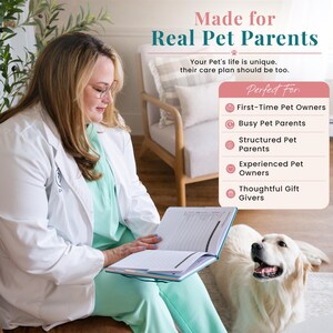 K&ouml;nnte beinhalten: Ein t&uuml;rkisfarbener Haustier-Pflegeplaner mit linierten Seiten und einem Textfeld mit der Aufschrift Made for Real Pet Parents, Your Pet's life is unique, their care plan should be too, sowie Perfect For: First-Time Pet Owners, Busy Pet Parents, Structured Pet Parents, Experienced Pet Owners, Thoughtful Gift Givers.