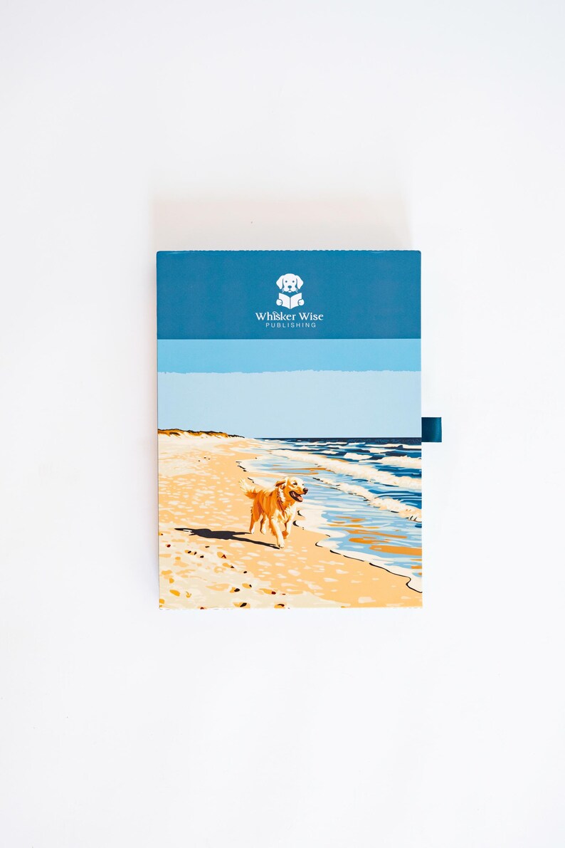 K&ouml;nnte beinhalten: Eine rechteckige Schachtel mit einem blauen oberen Bereich, der das wei&szlig;e Logo und den Text Whisker Wise Publishing zeigt. Der untere Teil zeigt eine grafische Illustration eines goldenen Hundes, der an einem Sandstrand neben blauen Wellen l&auml;uft.