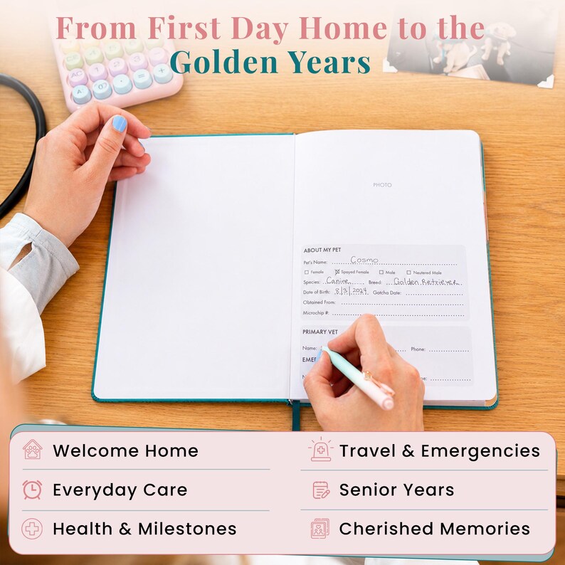 K&ouml;nnte beinhalten: Ein offenes Haustier-Gesundheitstagebuch mit t&uuml;rkisfarbenem Einband, das gedruckte Abschnitte f&uuml;r Haustierdetails, Tierarztinformationen und Notfallkontakte enth&auml;lt. Der Text lautet From First Day Home to the Golden Years, Welcome Home, Everyday Care, Health & Milestones, Travel & Emergencies, Senior Years und Cherished Memories.