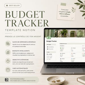 Peut inclure: Un modèle de suivi de budget Notion affiché sur l'écran d'un ordinateur portable. L'interface présente des catégories financières, des barres de progression mensuelles et un suivi des dépenses. Le texte inclut Budget Tracker et Suivi de dépenses.