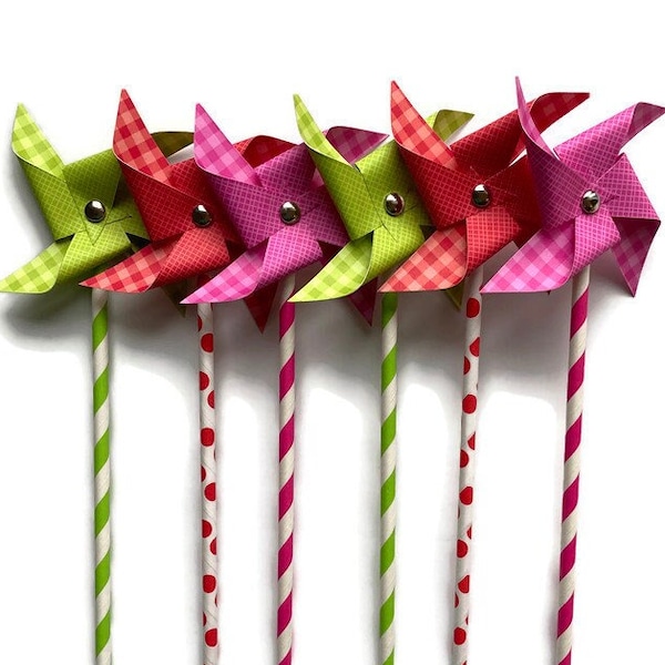 Paper Pinwheels | Strawberry Shortcake Pinwheels | Non-Spinning Pinwheels | Mini Decorative Pinwheels | Paper Windmills | Pinwheel Toppers