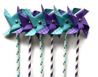 Paper Pinwheels / Blue & Purple Pinwheels / Non-Spinning Paper Pinwheels / Decorative Pinwheels / Paper Windmills / Pinwheel Cake Toppers