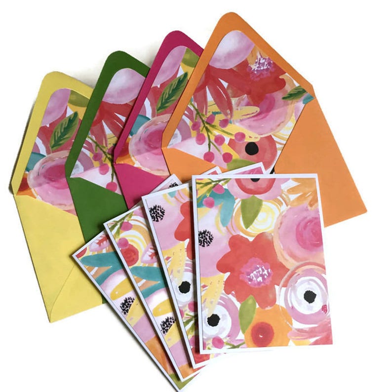 Set of 4 // Note Cards // Blank Note Cards // Floral Note Etsy