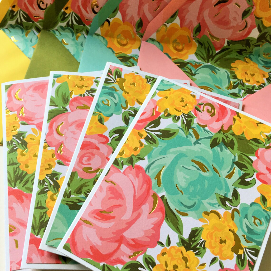 Set of 4 // Blank Note Cards // Floral Note Cards // Floral Etsy
