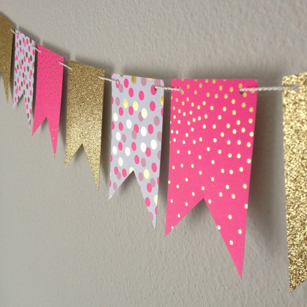 16-Pennant Mini Banner // Pink & Gold Paper Bunting // Pennant Flag Banner // Valentine's Day Banner // Nursery Decor // Baby Shower