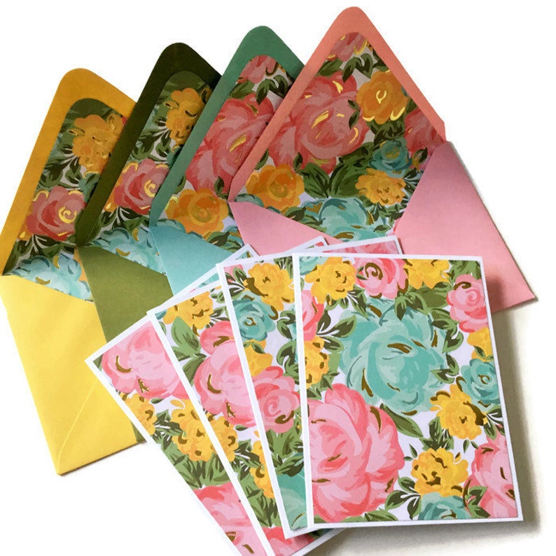 Set of 4 // Blank Note Cards // Floral Note Cards // Floral Etsy