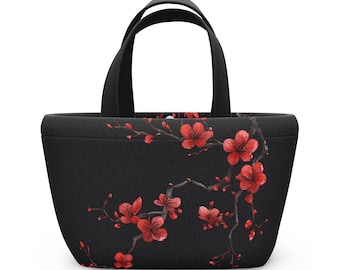 Black Floral Cherry Blossom Lunch Tote | Insulated Neoprene Snack Bag