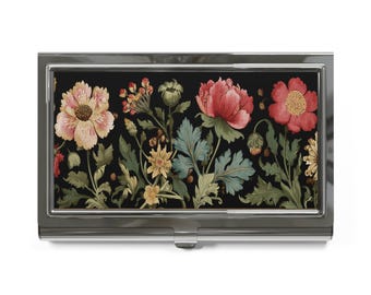 Floral Vintage Metal Business Card Holder — Dark Botanical Pattern