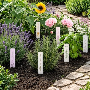 Könnte beinhalten: Ein Set aus sechs rechteckigen Garten-Pflanzenschildern aus weißem Material, jedes mit einer botanischen Illustration und dem Namen der Pflanze: Sunflower, Peony, Lavender, Rosemary, Basil sowie dem Schriftzug Bloom & Grow.