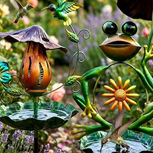 Kolibri fågelbadspinne, fågelmatare för utomhusträdgård, grodkonstdekor, vattenskål i metall för blommor, prydnad för uteplatsgräsmatta, present till fågelälskare bild 7