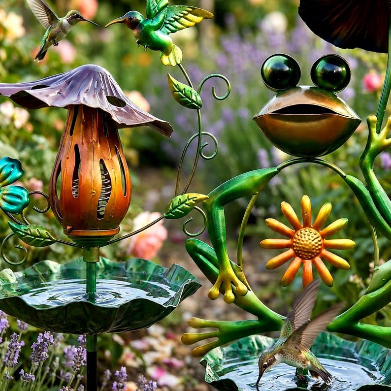 Kolibri fågelbadspinne, fågelmatare för utomhusträdgård, grodkonstdekor, vattenskål i metall för blommor, prydnad för uteplatsgräsmatta, present till fågelälskare bild 7