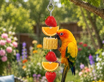 Brocheta de fruta para pájaros, soporte para golosinas de loros, comedero colgante para pájaros, juguete de acero inoxidable para pájaros, juguete para buscar alimento para periquitos, cacatúas y cotorras, regalo para periquitos