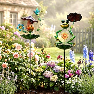 Kolibri fågelbadspinne, fågelmatare för utomhusträdgård, grodkonstdekor, vattenskål i metall för blommor, prydnad för uteplatsgräsmatta, present till fågelälskare bild 9
