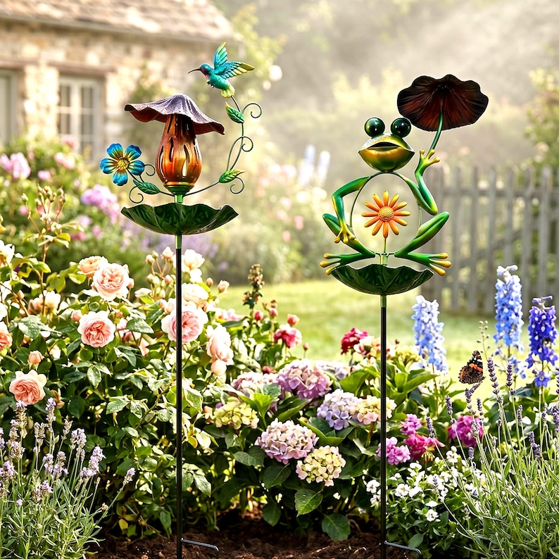 Kolibri fågelbadspinne, fågelmatare för utomhusträdgård, grodkonstdekor, vattenskål i metall för blommor, prydnad för uteplatsgräsmatta, present till fågelälskare bild 9