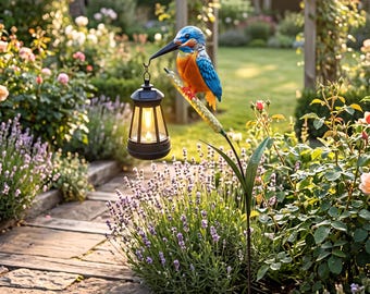 Farol solar con forma de martín pescador, decoración de aves para faroles, adorno de luz para jardín exterior, arte de patio original, decoración para patio, regalo para amantes de las aves para mamá