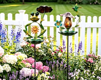 Estaca para bebedero de colibríes, comedero para pájaros de jardín, decoración artística de ranas para el patio, plato de agua de metal con forma de flor, adorno para el césped del patio, regalo para amantes de las aves