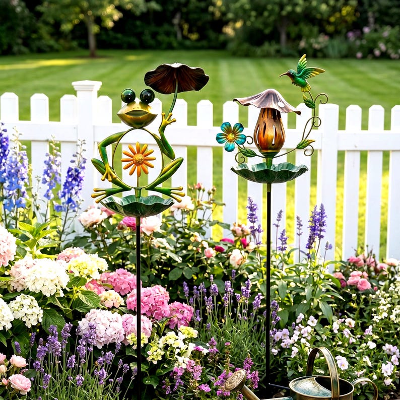 Kolibri fågelbadspinne, fågelmatare för utomhusträdgård, grodkonstdekor, vattenskål i metall för blommor, prydnad för uteplatsgräsmatta, present till fågelälskare bild 1