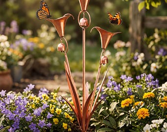 Triple Copper Calla Lily Garden Stake, Metal Flower Wind Chime, Outdoor Yard Art, Garden Bell Decor, Cottage Garden Gift For Her