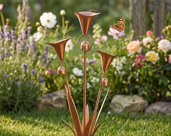 Triple Copper Calla Lily Garden Stake, Metal Flower Wind Chime, Outdoor Yard Art, Garden Bell Decor, Cottage Garden Gift For Her