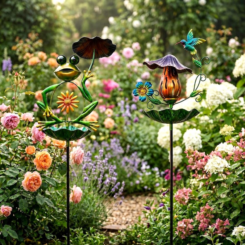 Kolibri fågelbadspinne, fågelmatare för utomhusträdgård, grodkonstdekor, vattenskål i metall för blommor, prydnad för uteplatsgräsmatta, present till fågelälskare bild 8