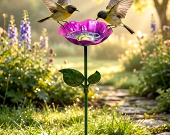 Estaca de jardín con forma de bebedero para pájaros, comedero de metal para pájaros, colorida decoración de jardín para exteriores, plato de agua para polinizadores, arte para patio y jardín, regalo para amantes de las aves