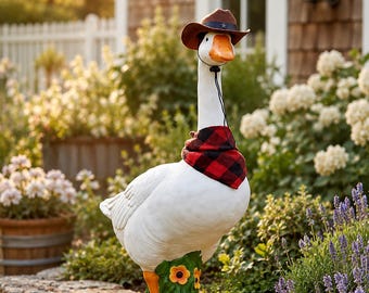 Porch Goose Statue, Cowboy Goose Garden Decor, White Goose Lawn Ornament, Farmhouse Yard Art, Cottage Garden Decor, Funny Outdoor Gift