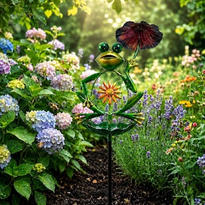 Kolibri fågelbadspinne, fågelmatare för utomhusträdgård, grodkonstdekor, vattenskål i metall för blommor, prydnad för uteplatsgräsmatta, present till fågelälskare bild 6