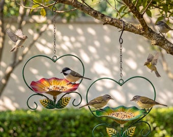 Comedero colgante para pájaros con forma de flor, comedero para pájaros con forma de corazón, decoración de metal para jardín, arte para exteriores, regalo para amantes de las aves, decoración para porche y patio.