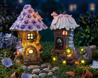 Casa de hadas iluminada, decoración para jardín de hadas, estatua de jardín con forma de casita de setas, decoración exterior caprichosa, casa de jardín en miniatura, regalo para amantes de la jardinería
