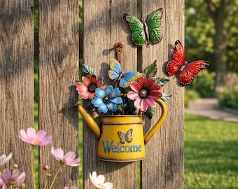 Decoración de pared metálica con forma de mariposa, letrero de bienvenida con forma de regadera, decoración de jardín en 2D, decoración de pared para exteriores, letrero para porche, regalo para jardineros.
