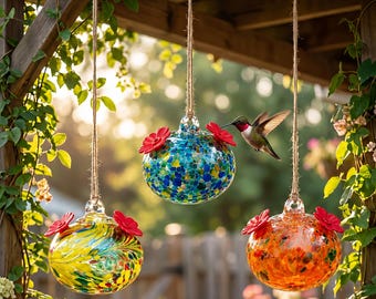 Comedero de cristal para colibríes, comedero colgante para pájaros de exterior, decoración colorida para el jardín, comedero de néctar con orificios para flores, regalo para amantes de las aves.