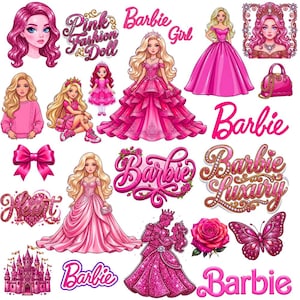 May include: A collection of stickers featuring Barbie dolls in pink gowns, various Barbie logos, a pink handbag, a rose, a butterfly, a castle, and a bow. The text includes Pink Fashion Doll, Barbie Girl, Barbie, Barbie Luxury, and Heart.