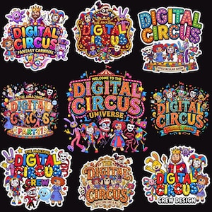 Peut inclure: Une collection de neuf autocollants colorés représentant des personnages de dessins animés et le texte Digital Circus, Fantasy Carnival, Spectacular Show, Party, Universe, Wonder Show, Crew, Welcome One & All, et Crew Design en lettres multicolores.