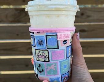 海岸風アイスコーヒースリーブ｜手描きビーチアートネオプレン製ドリンクホルダー