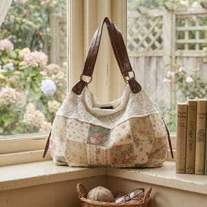 Borsa trapuntata floreale realizzata a mano, borsa tote in pizzo patchwork retrò, borsa a tracolla boho per tutti i giorni, borsetta dallo stile unico