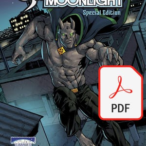 May include: Comic book cover titled "Gargoyle by Moonlight Special Edition." The image features a muscular, gray-skinned gargoyle with green eyes, wearing a cape, and a gold pendant. A PDF icon is in the lower right corner.