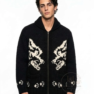 Fox Cowichan Style Cardigan, Chunky Knit Zip Up Sweater, Black Shawl Collar Animal Knit Jacket, Unisex Winter Knitwear Gift