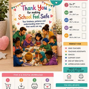 May include: A digital printable thank you card for SEN teachers featuring an illustration of a diverse group of children and adults drawing together. The text reads Thank You for making School Feel Safe and includes a list of five available sizes.