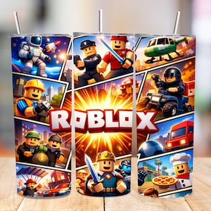 May include: A cylindrical tumbler with a straw featuring a colorful collage of Roblox characters and scenes, including an astronaut, a police officer, a construction worker, and a chef, with the red Roblox logo centered against a bright yellow burst.