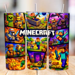 May include: A cylindrical tumbler with a straw featuring a colorful Minecraft graphic wrap. The design includes various blocky characters, a minecart, a purple portal, and the Minecraft logo in bold white letters against a vibrant, multi-paneled background.