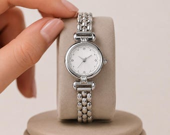Women's Small Round Watch, Beaded Bracelet, Gold Silver Tone, Minimalist Dress Watch
