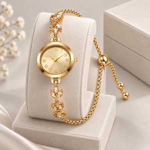May include: A gold-tone analog watch featuring a round face with gold numerals and hands. The watch band is composed of a delicate gold chain with leaf-shaped crystal accents and an adjustable sliding bead closure for a secure fit.