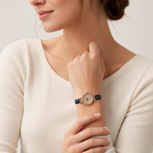May include: A wristwatch featuring a round rose gold-tone case and a light-colored dial with dark numerals. The watch is secured with a slim black leather strap that fastens around the wrist, providing a clear view of the watch face and band.