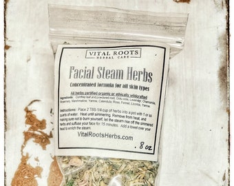 May include: A clear plastic bag filled with dried herbs for facial steaming. The label reads "Facial Steam Herbs" with instructions and ingredients like comfrey leaf and lavender. The bag contains 0.8 oz of product.