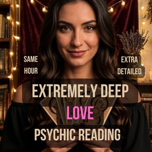 以下が含まれることがあります： SAME HOUR, EXTRA DETAILED, EXTREMELY DEEP LOVE PSYCHIC READINGという文字が書かれたタロットカードの束を持つ人物。長いダークヘアで、黒いオフショルダーのトップスを着用している。背景には温かみのあるストリングライトが飾られている。