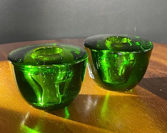 Vintage Pair of Emerald Green Glass Taper Candle Holders, Mid-Century Modern, Viking Made