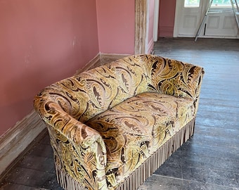 Vintage French 1970s Curved Paisley Velvet Loveseat Sofa | Retro Cocktail Sofa | Hollywood Regency Fringe Sofa