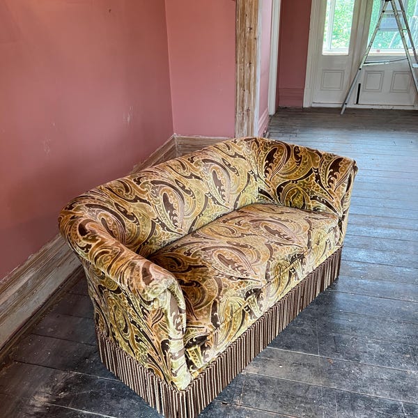 Vintage French 1970s Curved Paisley Velvet Loveseat Sofa | Retro Cocktail Sofa | Hollywood Regency Fringe Sofa