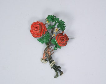 Vintage 30s Brooch | Vintage painted metal floral bouquet brooch | 1930s novelty accessory hand held rose bouquet pin